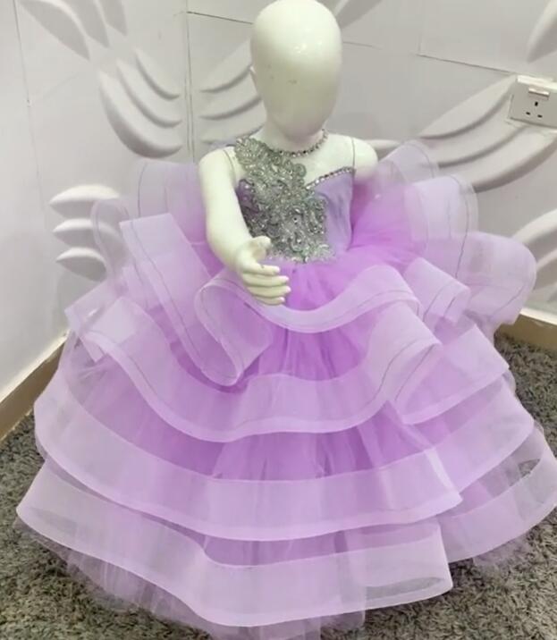 Lilac Crystals 2020 Flower Girl Dresses Sheer Neck Tulle Little Girl Wedding Dresses Cheap Communion Pageant Dresses Gowns ZJ646