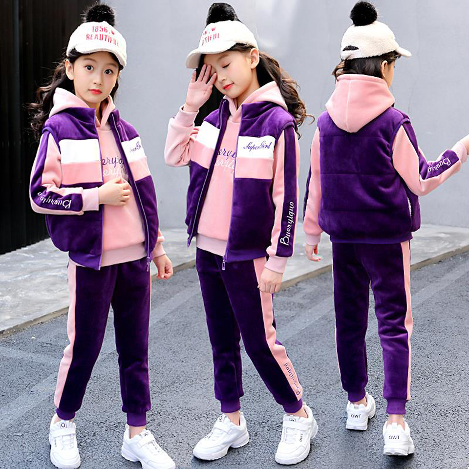 2019 Winter 3pcs Kids Thickening Hooded Vest+Sweater+Pant Sport Suits Baby Boys Girls Warm Fashion Set Children ClothingX1019