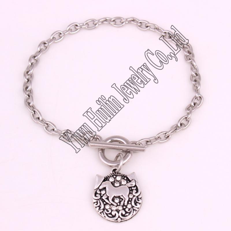 High Quality antique sliver plated clear stone HORSE charm bracelet
