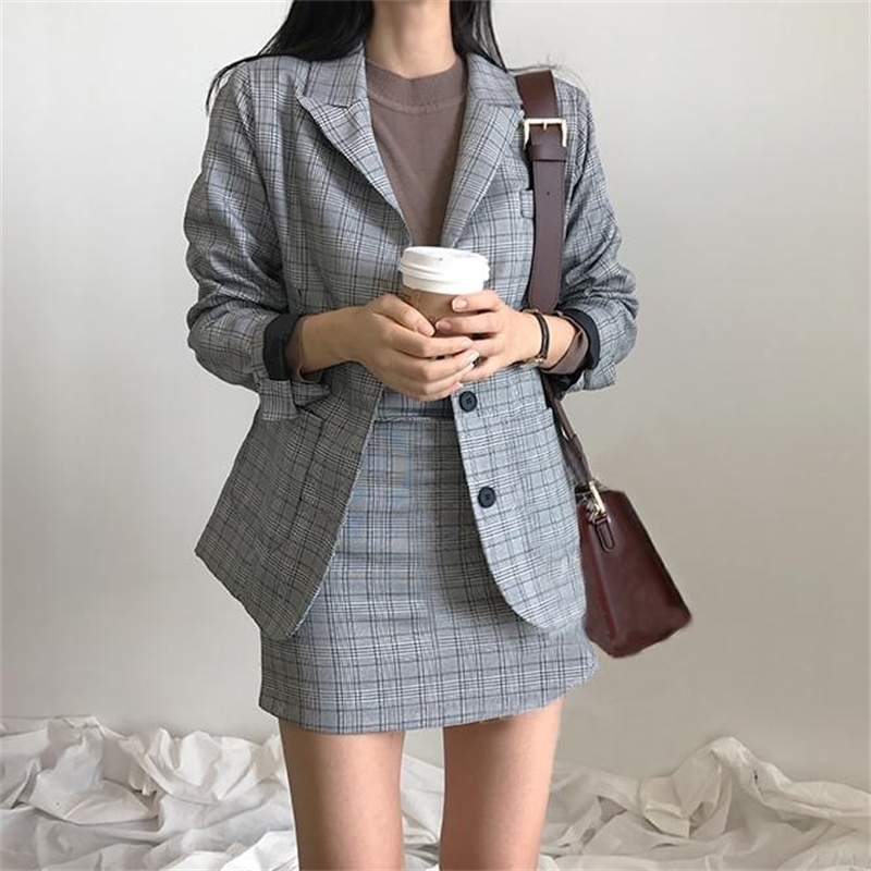 korea chic blazer coat plaid mini skirt suit women jacket suit office lady jacket high waist skirt 2 piece set women 201109