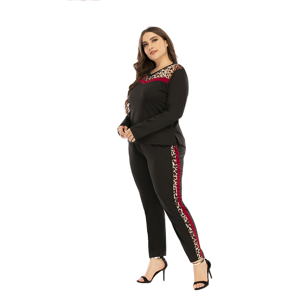 6XL Plus Size Two Piece Set Women Leopard Printed T-Shirts And Pants Casual Long Sleeve Tracksuit Female V-Neck Tees Tops D30 201119