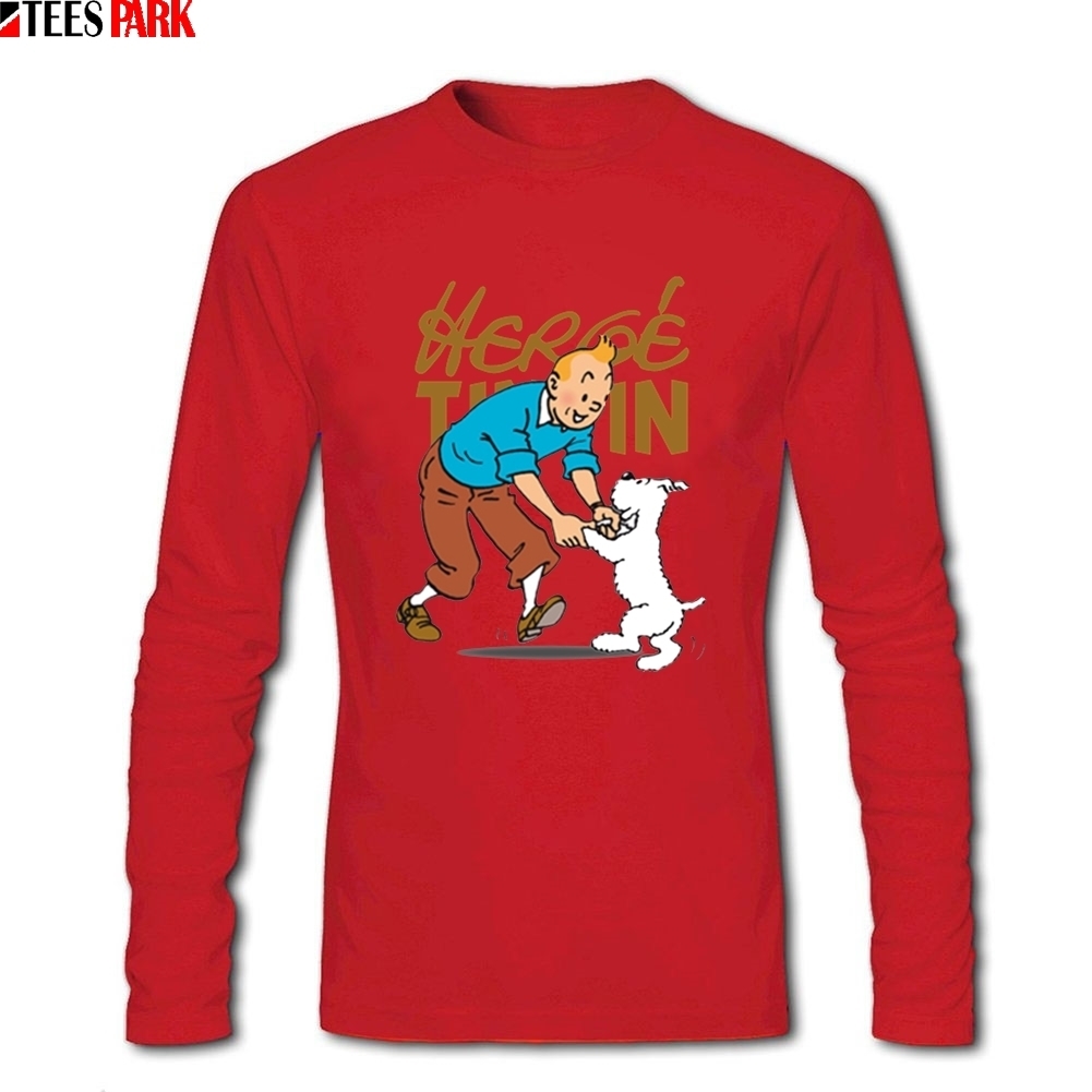 Cartoon Tintin T-shirts Men Personalized 100% Cotton Tee Shirts Man Clothes Top Printed Long Sleeve T Shirt For Men 201202
