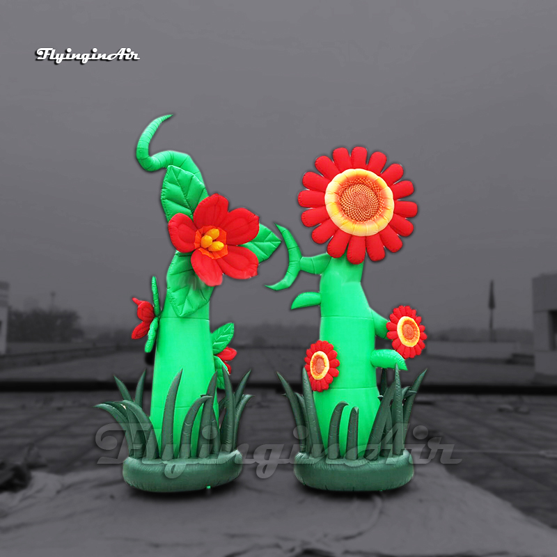 Theme Park Decorative Inflatable Flowers 3m Simulation Plants Red Blow Up Sunflower Balloon For Stage Decoration