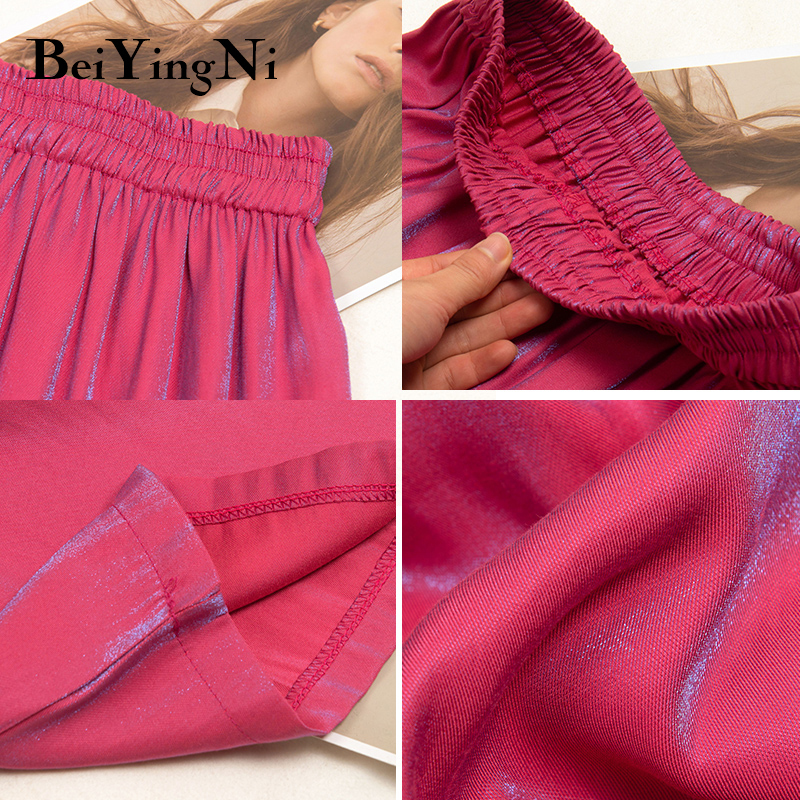 Beiyingni Silk Satin Trousers Women Bling Fashion Summer Plus Size Wide Leg Pants Ladies Loose Elastic High Waist Long Pant 201228