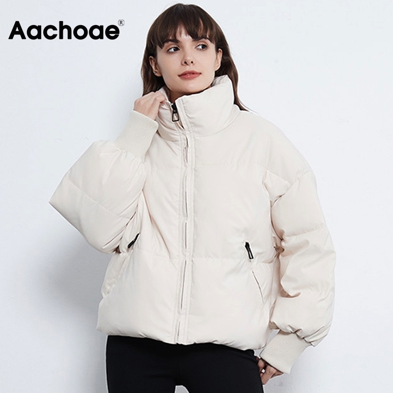 Aachoae Solid Color Fashion Winter Parka Women Long Sleeve Zipper Thick Warm Parkas Coat Casual Down Jacket With Pockets 200928