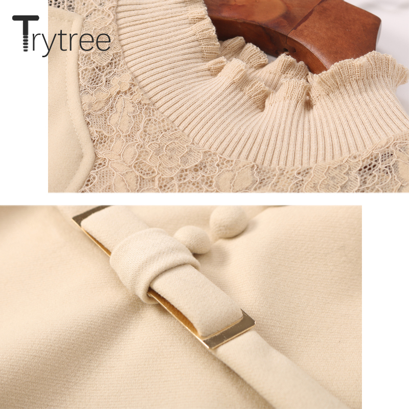 Trytree Autumn Winter Women Dress Casual Turtleneck Shawl Lace Patchwork Button Belt 2 Colour A-line Fashion Knee-Length Dress 201125