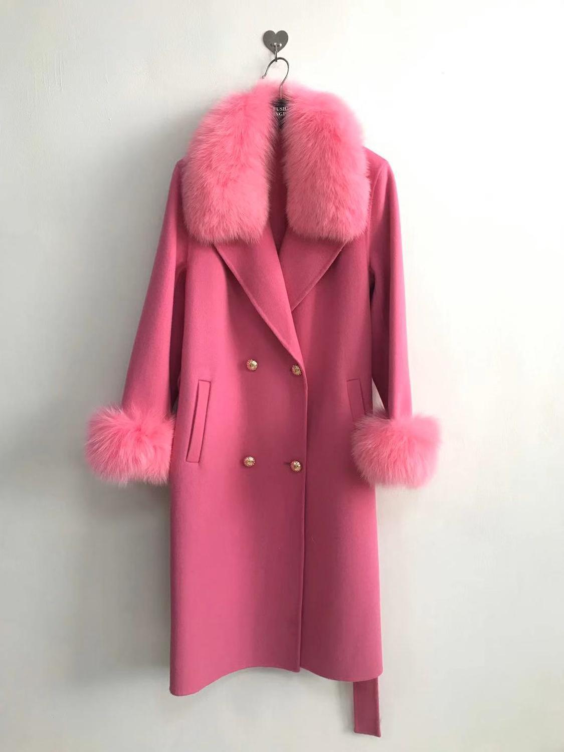 QIUCHEN PJ19100 New arrival high quality cashmere women jacket with real fox fur collar and cuffs Fashion model 201222