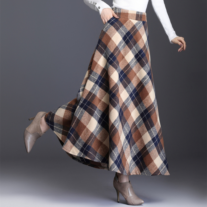 Long Plaid Skirts For Women Warm Wool Elegant High Elastic Waist Office Lady Skirt Spring Female Clothing Plus Size 3XL T200324