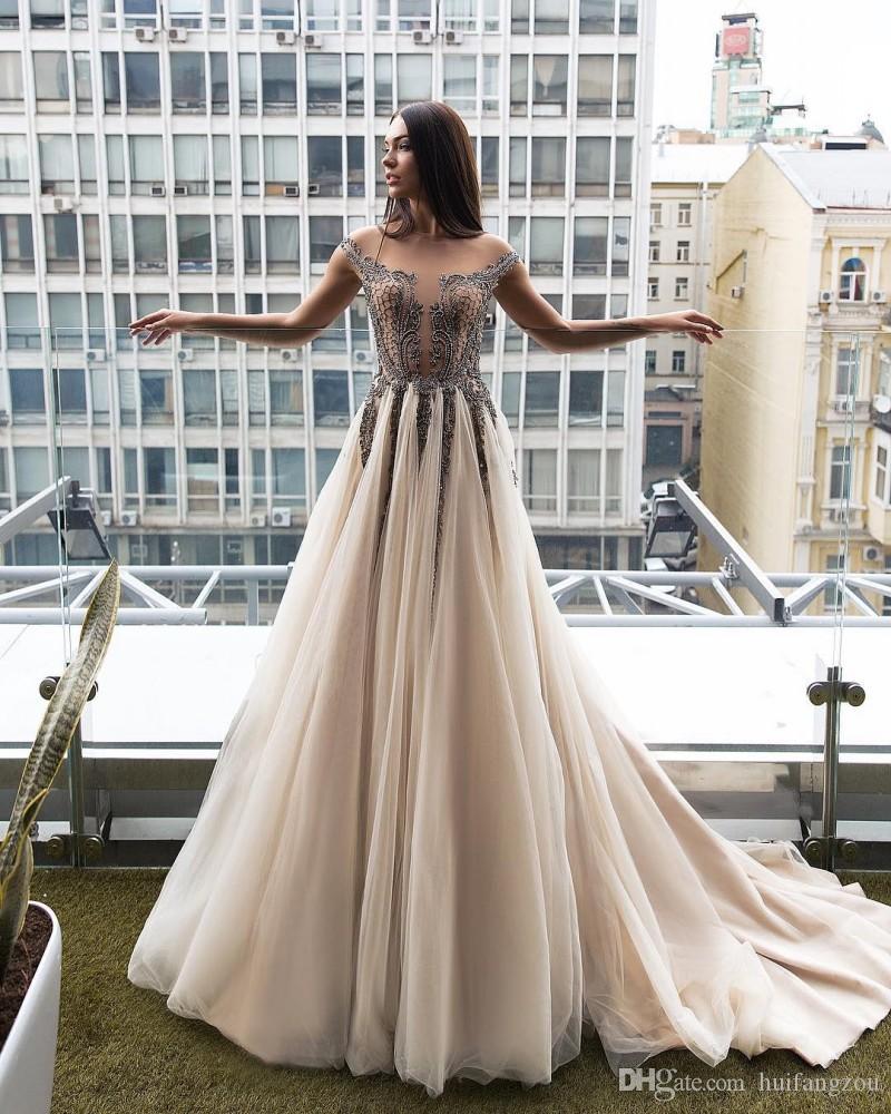 Luxury Champagne A-line Wedding Dress Bohemian Beads Sheer Neck Tulle Backless Applique Wedding Dresses Bridal Gowns Vestidos De Novia