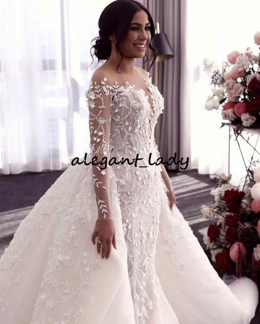 long Wedding Dresses With Removable Train illusion Long Sleeves Lace Beads Crystal O Neck Bridal Dresses Robe De Mariee Real Video