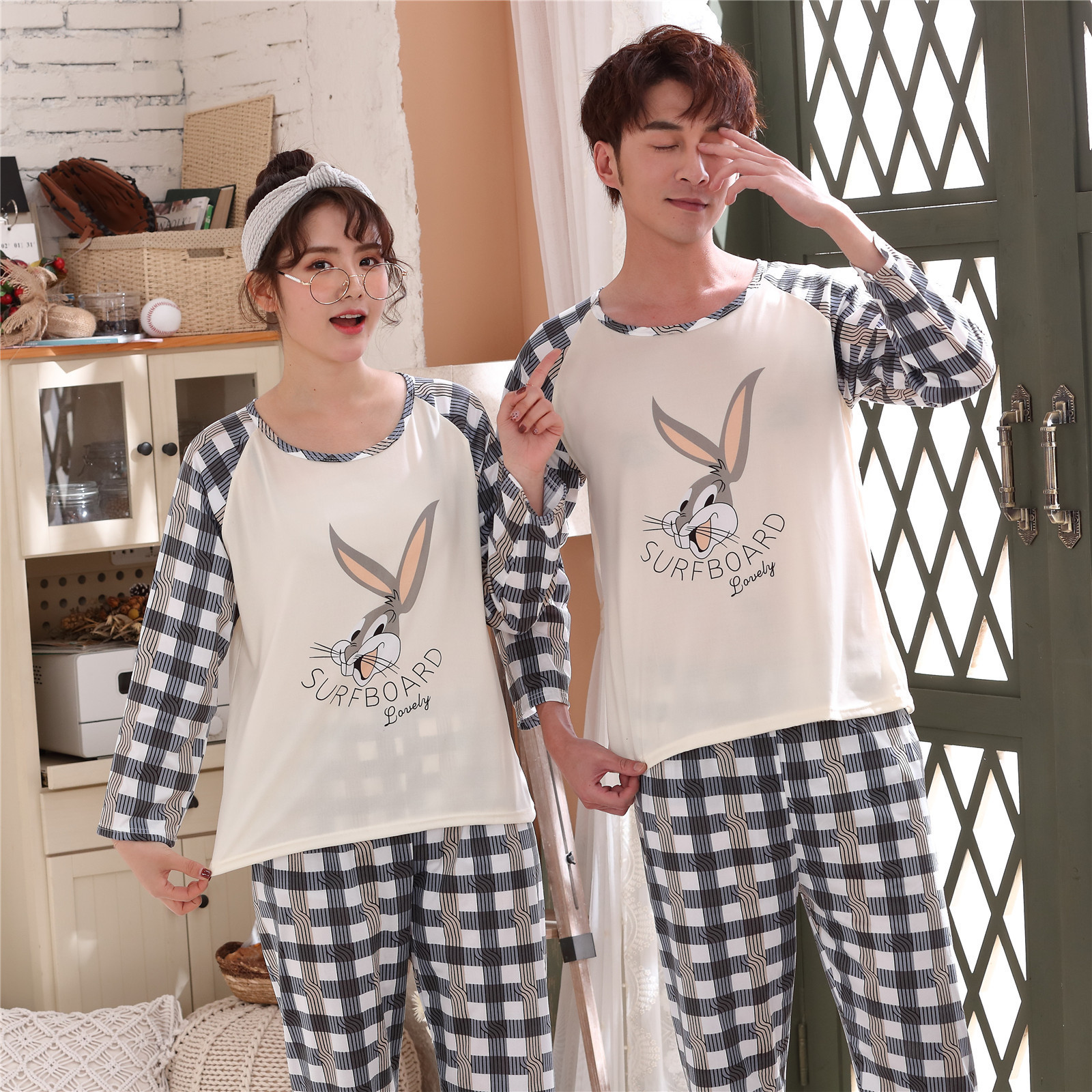 Women Pijama Suits Lovely Wear Leisure Clothes Personality Autumn Long Sleeved Mens Pajamas for Couples Pyjamas Sets Nightwear 201027