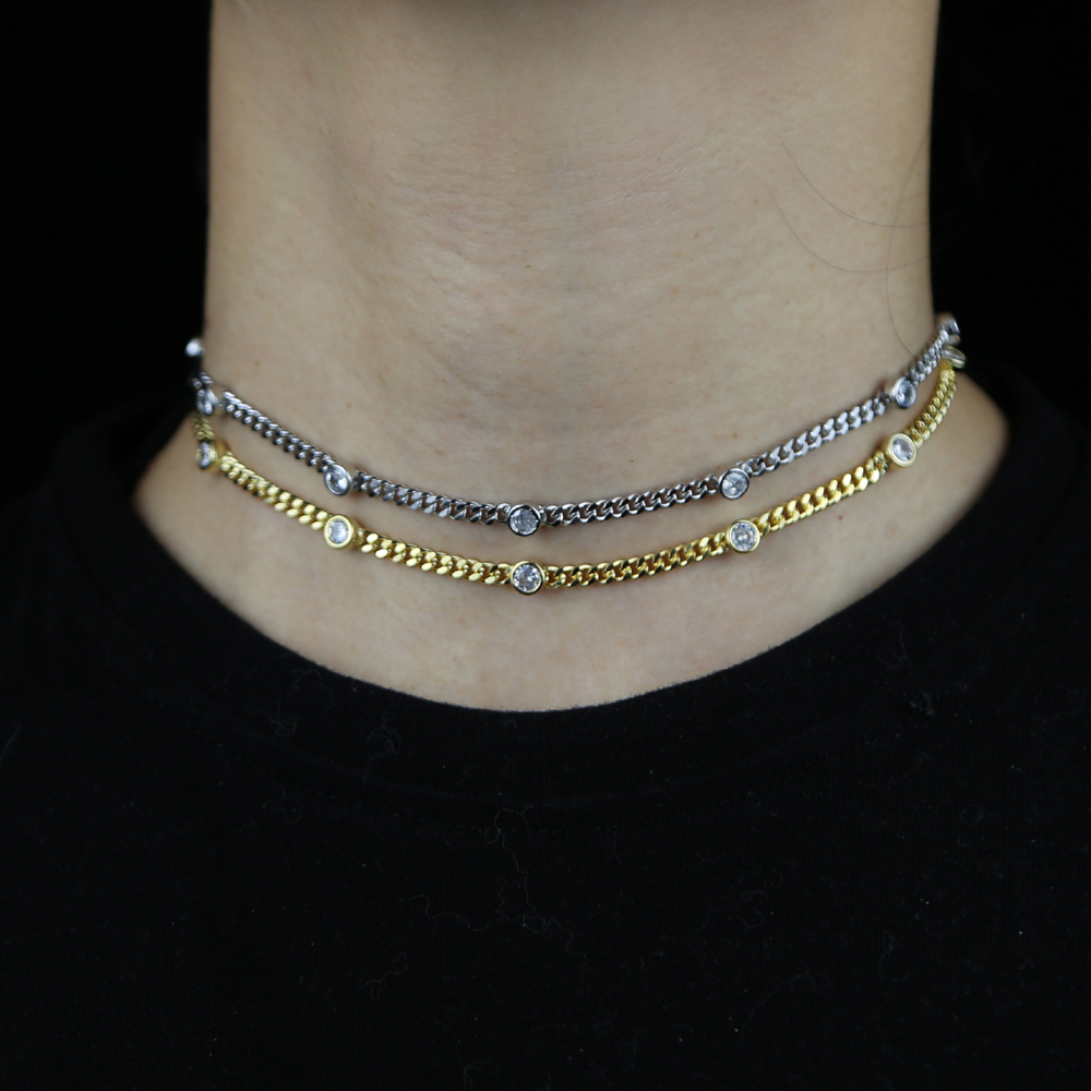 3mm width thin plain cuban link chain 4mm bezel cz european women gold color chain choker necklace valentines day gift