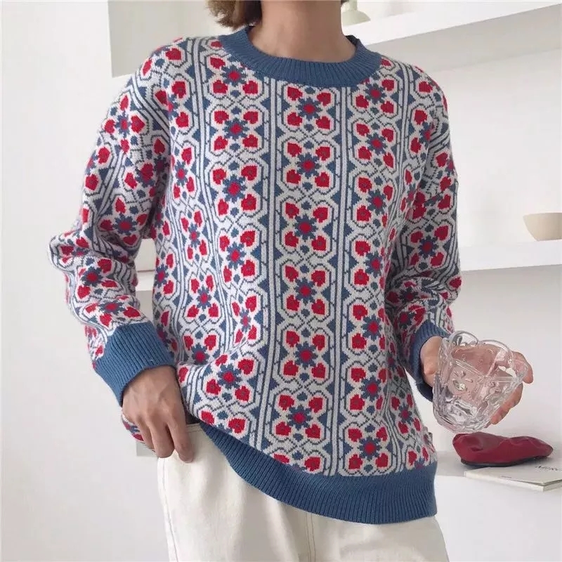 Vintage Sweet Multicolored Plaid Jacquard Knit Sweater Women Loose Long Sleeve Ladies Pullovers Casual Pull Femme C-424 201224