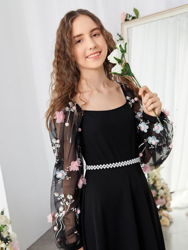 Teen Girls Floral Embroidery Mesh Panel Appliques Dress Without Belt SHE