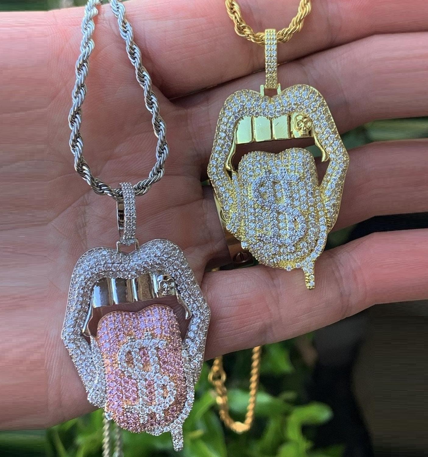 Iced Out Bling 5A CZ Sexy Mouth Pendant Necklace Dollar Symbol Micro Pave Dripping Lips Silver Color Tennis Hip Hop Women