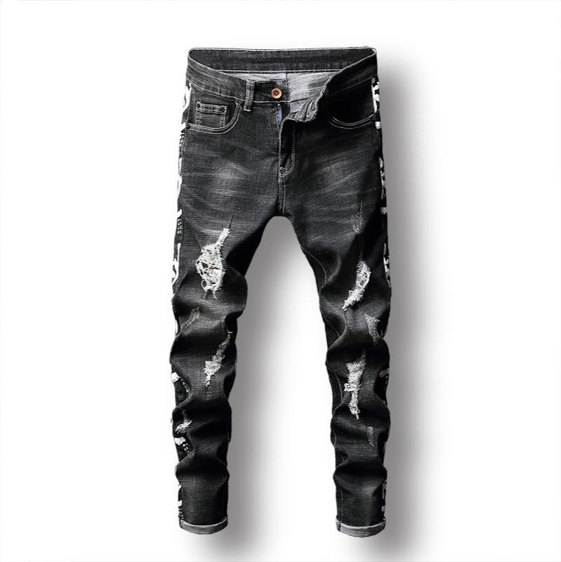 Black Ripped Jeans Men's Stretch Tight Pencil Pants Letter Printed Denim Trousers Fashion Trendy Beggar Pants, As pic
Black Ripped Jeans Men's Stretch Tight Pencil Pants Letter Printed Denim Trousers Fashion Trendy Beggar Pants, As pic