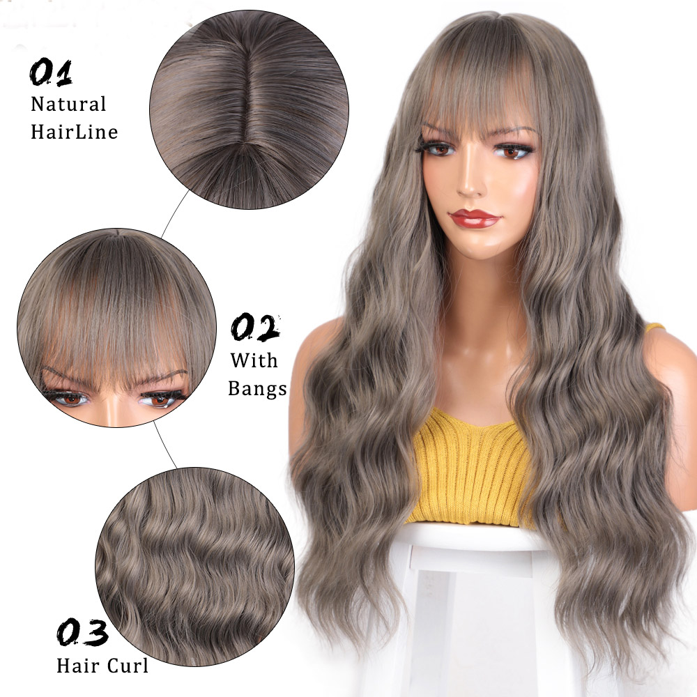 Long Wavy Wig Synthetic Wigs Mix Gray Womens Wig with Bangs for Women African American Heat Resistant Hair Daily