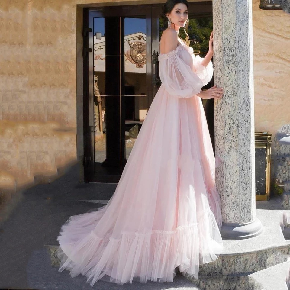 Sweety Pink Puffy Sleeve A Line Prom Dresses 2024 Sweetheart Appliques Pleat Ruched Floor Length Elegant Formal Party Evening Gowns Off Shoulder Engag