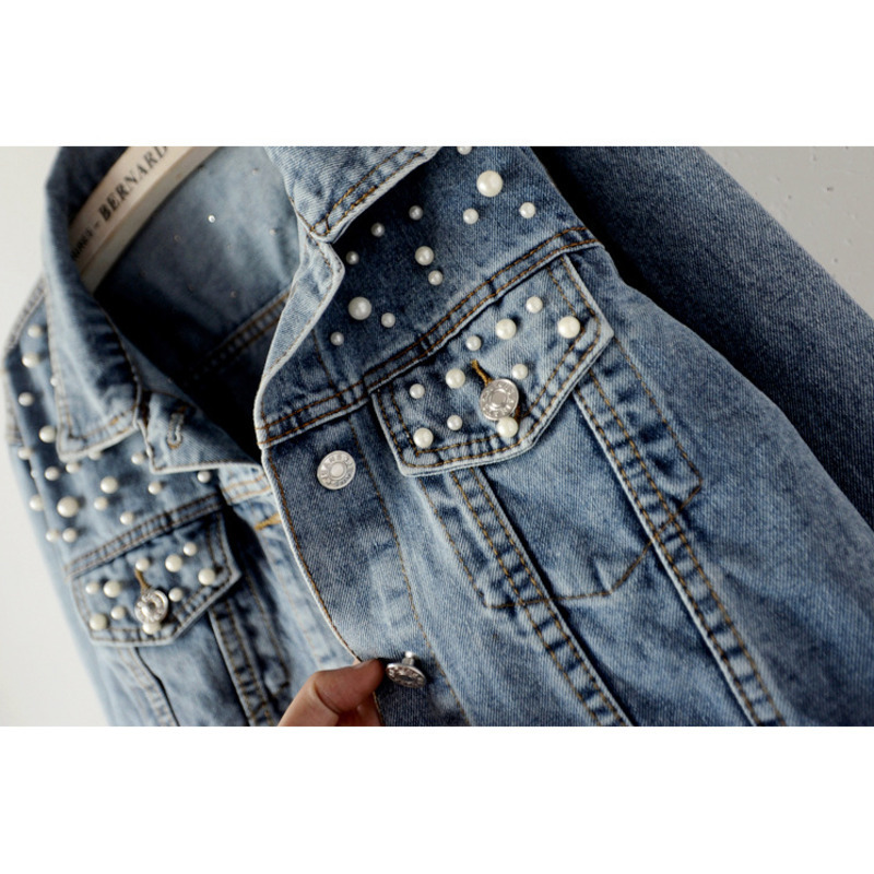 [DEAT] Fast Delivery New Autumn Fashion Womens Denim Jacket Full Sleeve Loose Button Pearls Short Lapel Wild Leisure AP446 201110