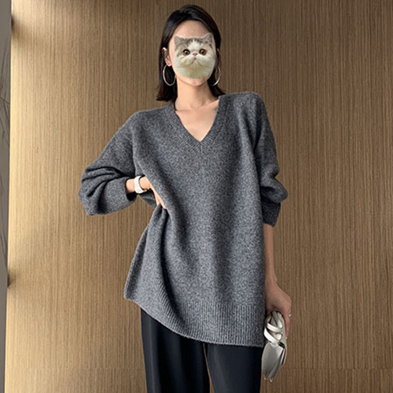 Smpevrg cashmere sweater women sweaters and pullovers long sleeve V-neck loose female pullover women knitted jumpers pull femme T200113