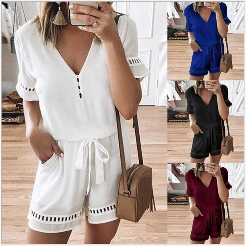 Jumpsuit Shorts White Black Blue Red Bandage Plus Size Xxxl Xxxxl Xxxxxl Romper Women Summer Overalls Combishort Femme Ete T200527