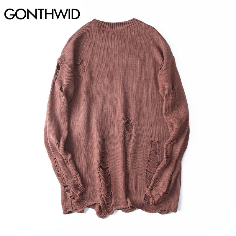 GONTHWID Ripped Destroyed Holes Distressed Sweaters Mens Knitted Pullover Sweater Male Hip Hop Fashion Loose Sweater Streetwear 201026