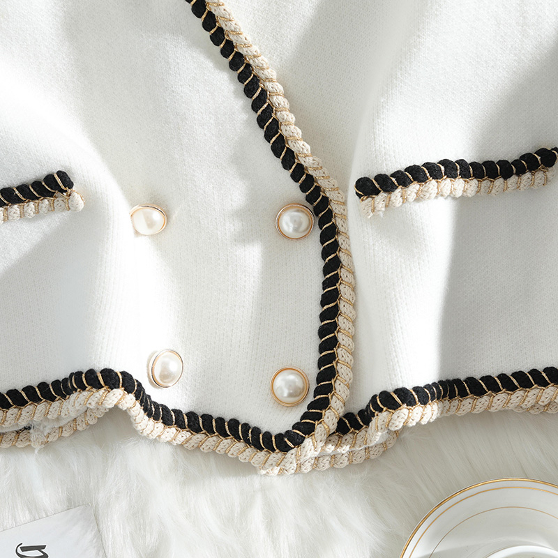 Elegant white cardigan women double breasted pearls buttons knitted sweater V-neck patchwork tops autumn arrival 201222