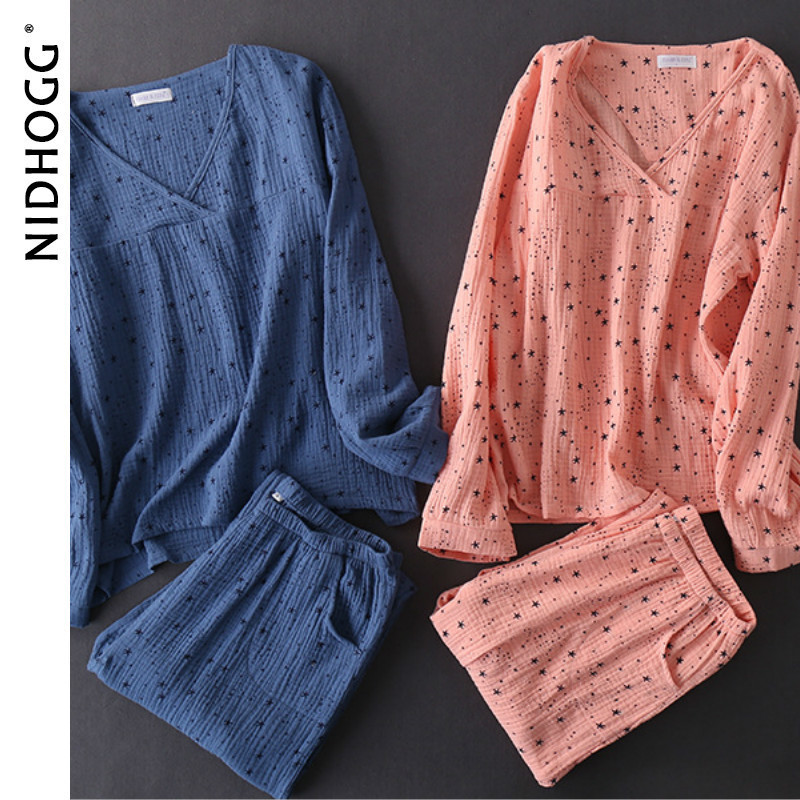 Women's Cotton Water-washed Texture Crepe Gauze Long-sleeved Trousers Pajamas V-Neck Pyjamas Women Geometric Sleepwear Pijamas 201027