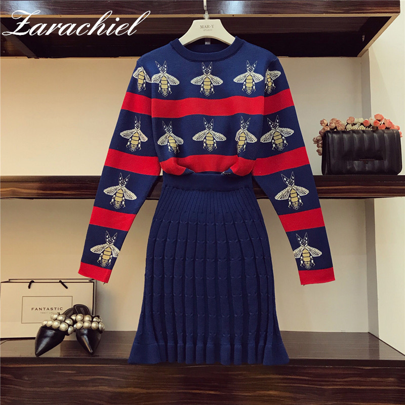 New Fashion Bees Jacquard Knitted Hit Color Striped Women Pullover Sweater + Package Hip Pleated Skirt Suit 2 Piece Clothing Set 201012, Blue
New Fashion Bees Jacquard Knitted Hit Color Striped Women Pullover Sweater + Package Hip Pleated Skirt Suit 2 Piece Clothing Set 201012, Blue
