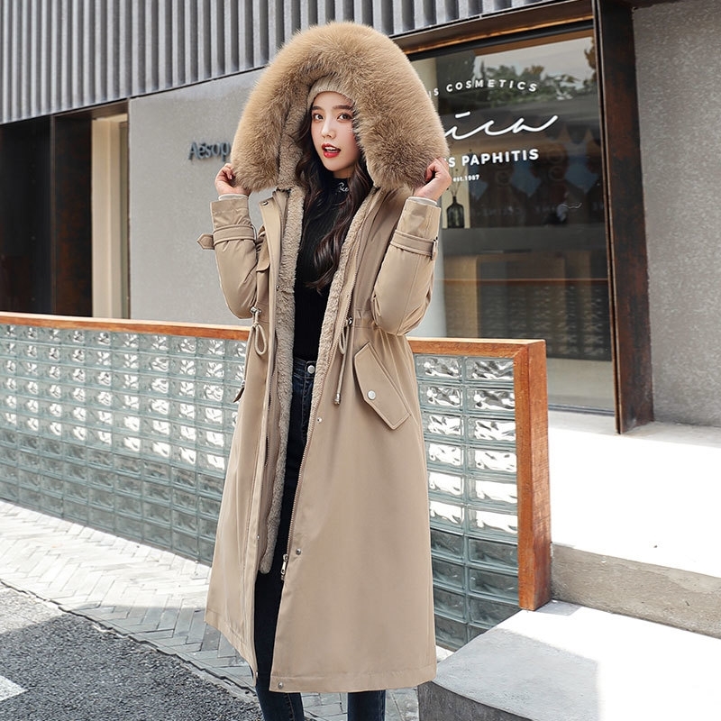 Fashion Cotton Liner Parker Parkas New Winter Jacket Women Long Hooded Parka Adjustable Waist Warm Fur Collar Coat 201019