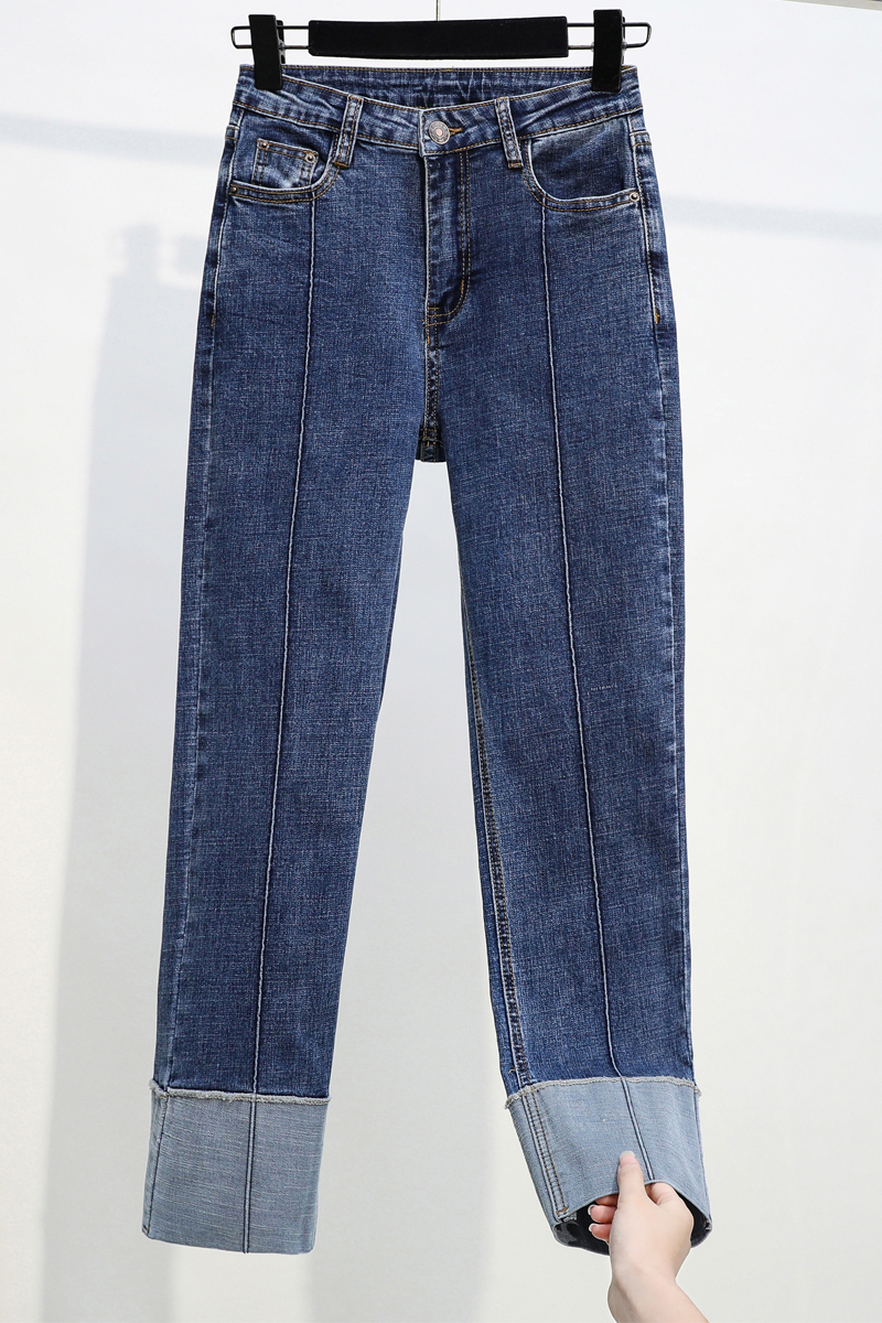 Jeans Woman Spring High Waist Plus Size Jeans Softener Zipper Fly Mom Elastic Fashion Ankle-length Straight Denim blue Pants 201029