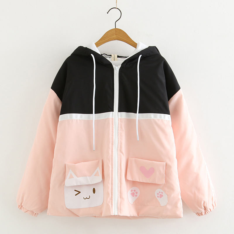 MERRY PRETTY Women's Cartoon Print Harajuku Cotton Coat Patchwork Coat Jackets Winter Long Sleeve Hooded Warm Parka Coat 201017