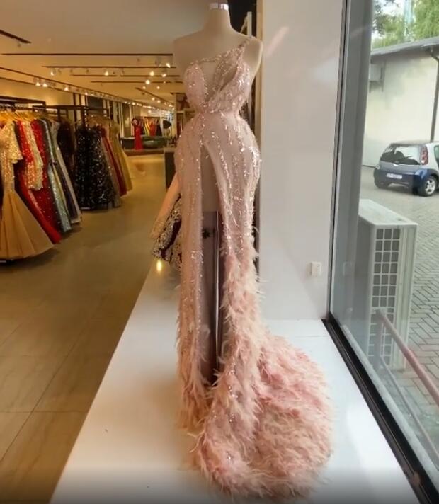 arabic aso ebi pink luxurious sparkly evening dresses feather sequins prom dresses high split formal party second reception gowns zj223