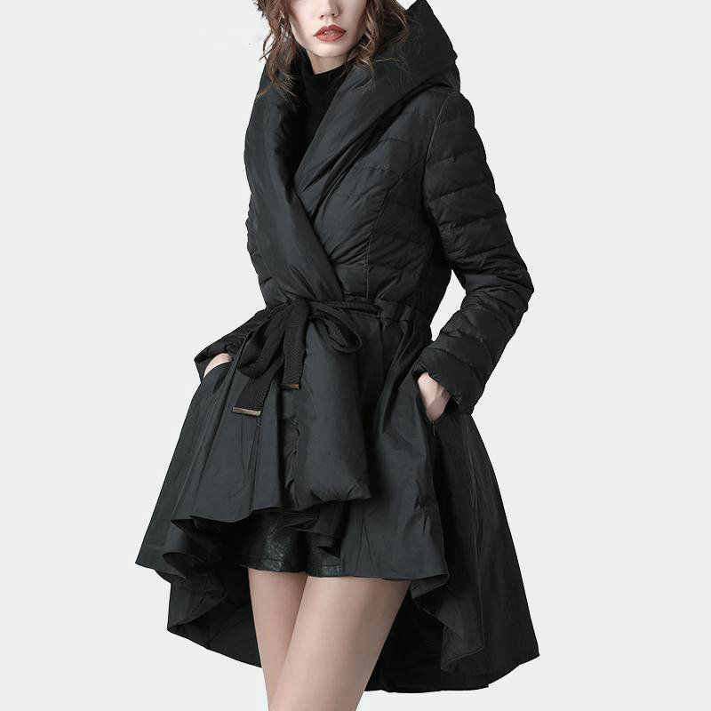 DMLFZMY Loose style black pleated long back down cotton hooded long sleeve warm ladies coat fashion autumn and winter 201027