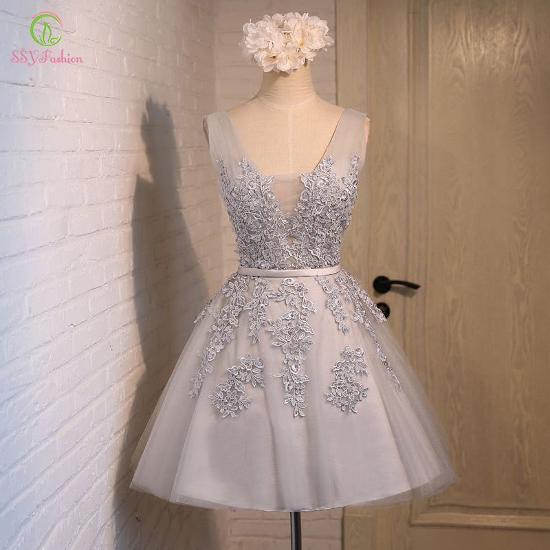 Short Evening Dress SSYFashion Sexy Vneck Lace Aline Party Gown Formal Dress Custom Homecoming Dresses Robe De Soiree 201114