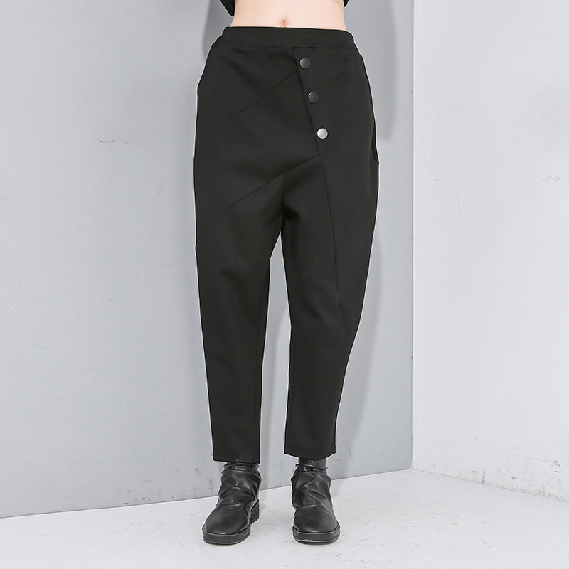 EAM High Elastic Waist Black Button Split Joint Long Trousers Loose Fit Harem Pants Women Fashion Spring Autumn 201228