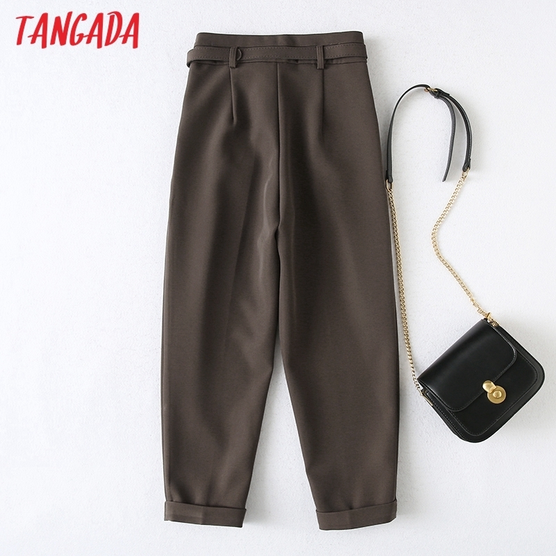 Tangada Fashion Women Solid Coffee Harm Suit Pants Trousers With Slash Pockets Office Lady Pants Pantalon YU10 201228