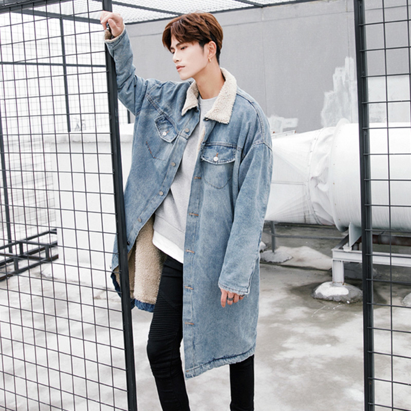 Winter Fleece Inside Mens Long Style Denim Jacket Zippered Cuffs Thick Denim Coat Turn Down Collar Loose Retro Blue Jean Jacket 201104