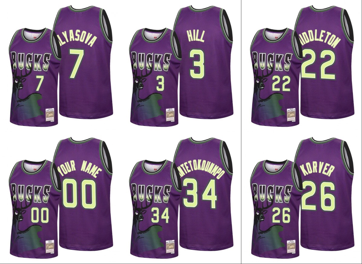 Milwaukee Bucks Men Giannis Antetokounmpo George Hill Khris Middleton Kyle Korver 2020 Reload Classic Purple Custom Jersey, Black
Milwaukee Bucks Men Giannis Antetokounmpo George Hill Khris Middleton Kyle Korver 2020 Reload Classic Purple Custom Jersey, Black