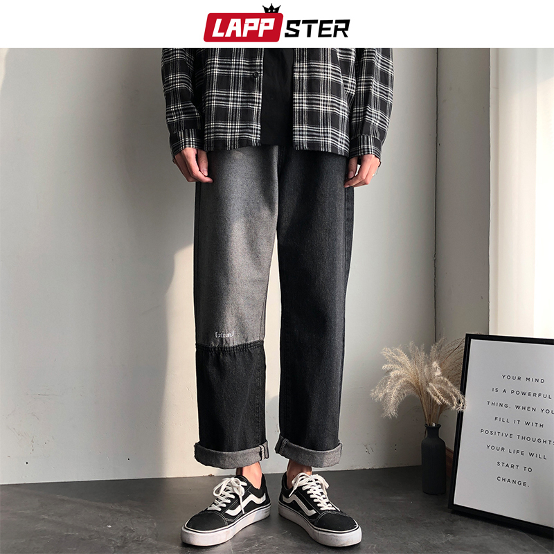 LAPPSTER Men Korean Patchwork Blue Jeans Mens Embroidery Streetwear Black Baggy Denim Pants Women Hip Hop Harem Pants INS 201111