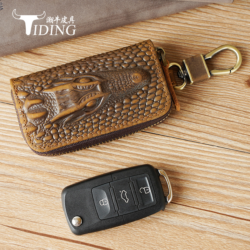 Fashion Leather Car Key Bag Unisex Zipper Keys Housekeeper Cow Split Leather Key Organizer Case Wallet