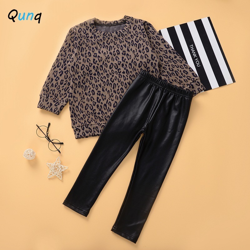 Fashion Girls Clothes Set Long Sleeve Leopard Shirts Black Leather Pants Spring Fall Kids Suits 2 3 4 5 6 Year Children ClothingX1019