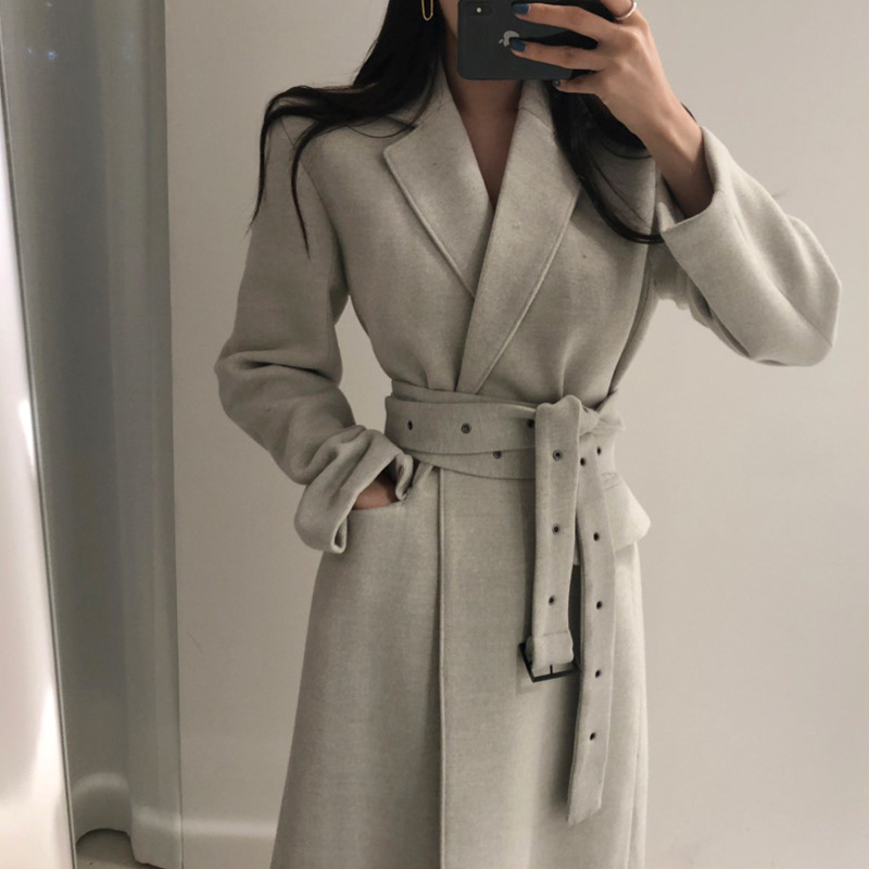 High Qulity Woman Coats Winter Wool Long With Belt Office Lady Fashion Lace Up Outerwear 201221