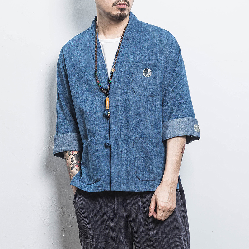 MRDONOO Chinese Stylel 100% Cotton Kimono Cardigan Men Vintage Denim Jacket Casual Coat Male Streetwe Plus Size A032-KS001 T200502