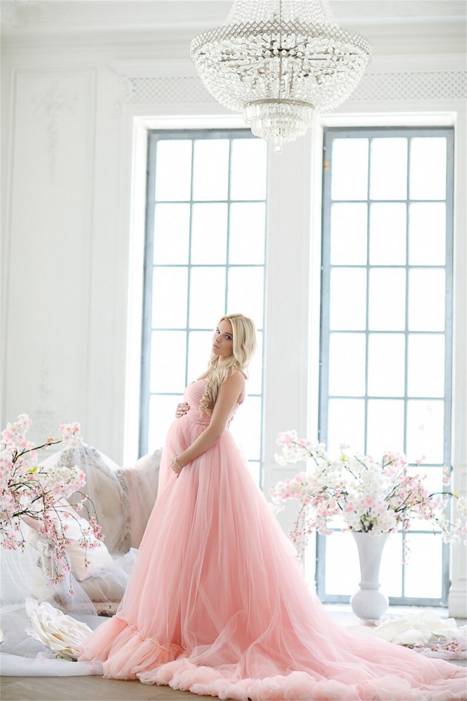 Elegant Pink Evening Dresses 2021 Sweetheart Tulle Sweep Train Maternity Dress Plus Size Pregant Photograph Gowns vestido de novia