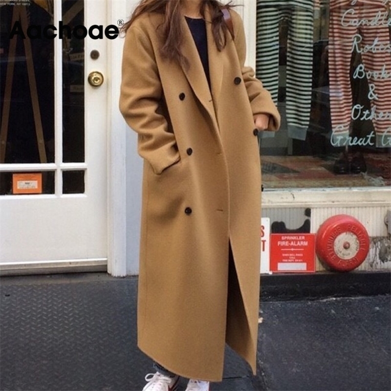 Aachoae Casual Black And Khaki Coat Women Long Sleeve Office Wear Elegant Long Coats Double Breasted Wide Waisted Pocket Coat 201103