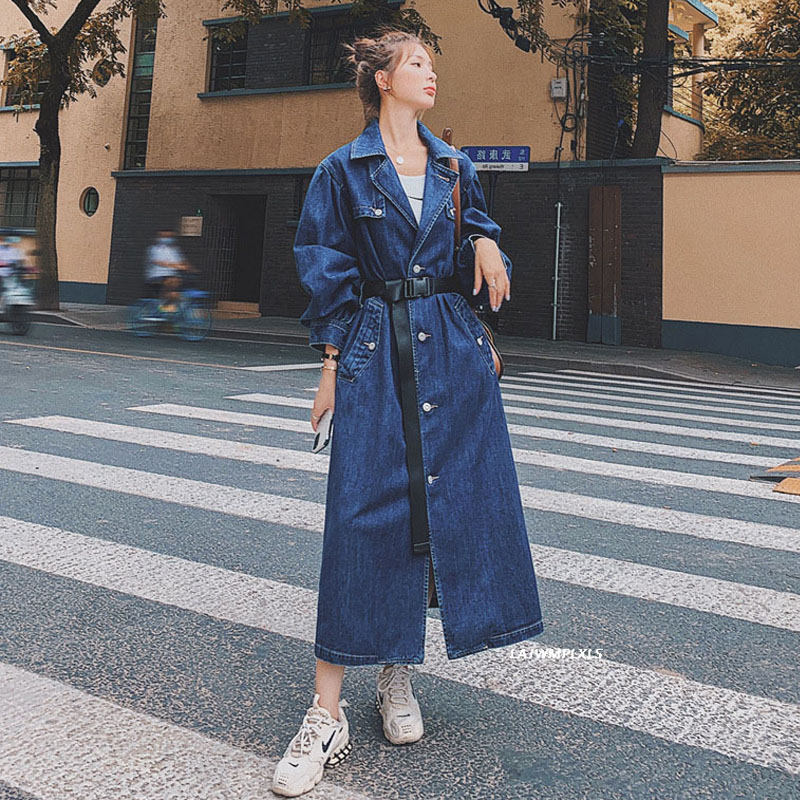 Denim Windbreaker women Autumn New Lady Trench Coat Fashion Lapel Single-breasted long length Jean Overcoat Women with belt T200828