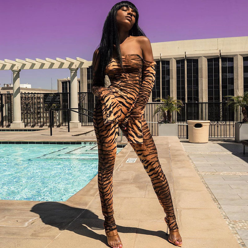 BOOFEENAA Tiger Stripe Print Sexy Jumpsuit Women Off Shoulder Long Sleeve Bodycon One Piece Romper Fall Club Outfits C70-AB91 201007