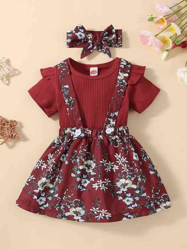Baby Ruffle Trim Tee & Floral Print Crisscross Pinafore Skirt & Headband SHE
