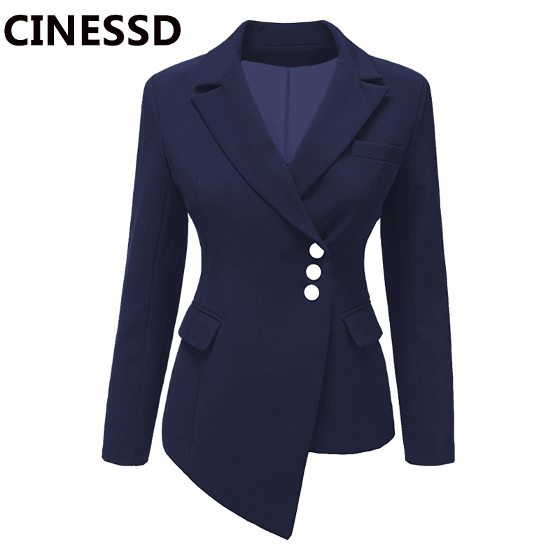 CINESSD Women Lapel Blazers Coat Solid Long Sleeve Single Breasted Office Lady Pocket Cotton Asymmetry Casual Suit Jacket Blazer 201114